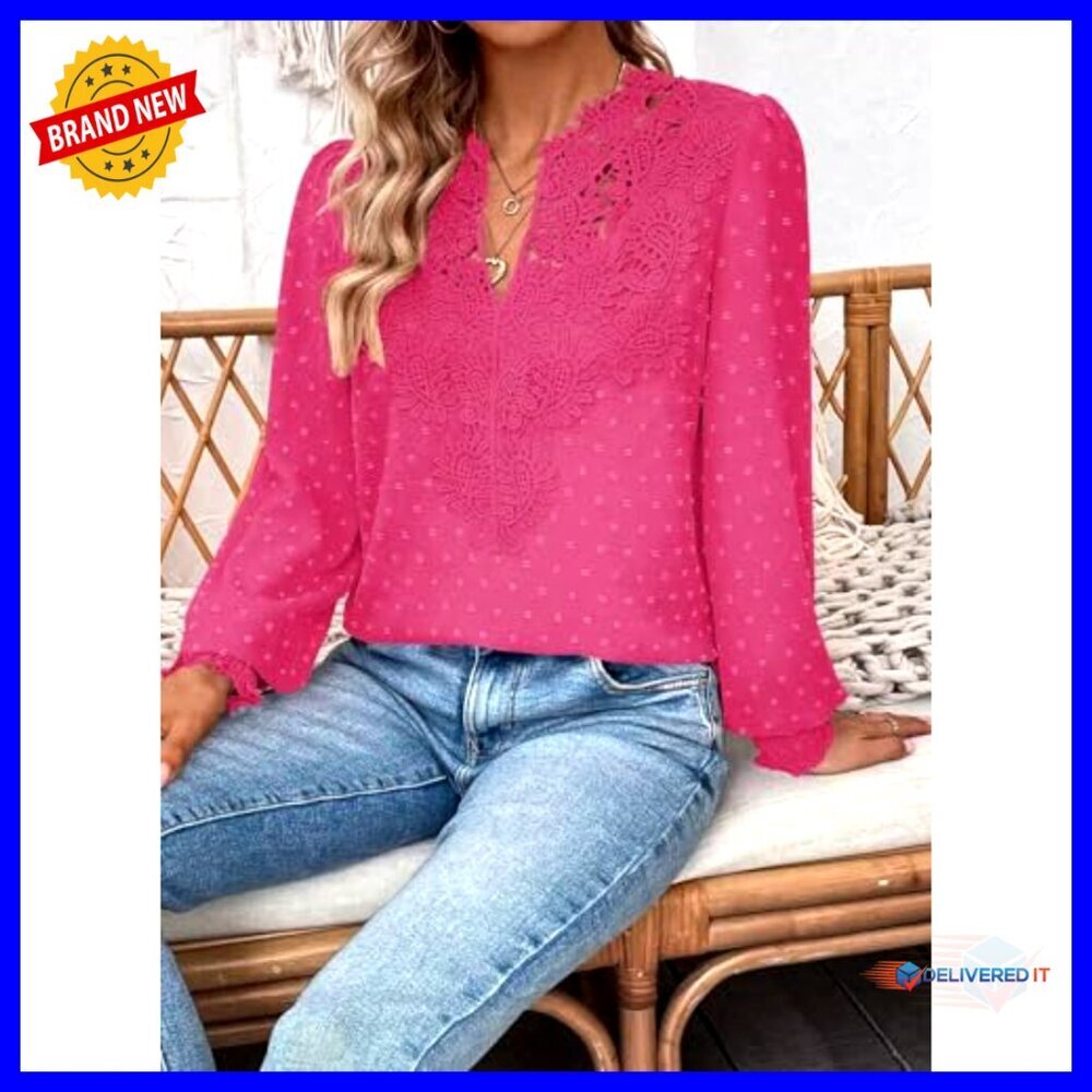 Swiss Dot Chiffon Blouse V Neck Long Sleeve Boho Lace Hem Flowy Casual - Picture 4 of 7